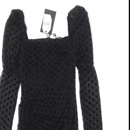 NaaNaa Womens Black Polka Dot Polyester Bodycon Size 6 Square Neck Zip