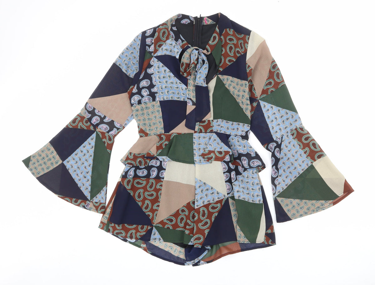 Additional front view of booho women’s multicoloured geometric polyester romper one-piece, tie detail
