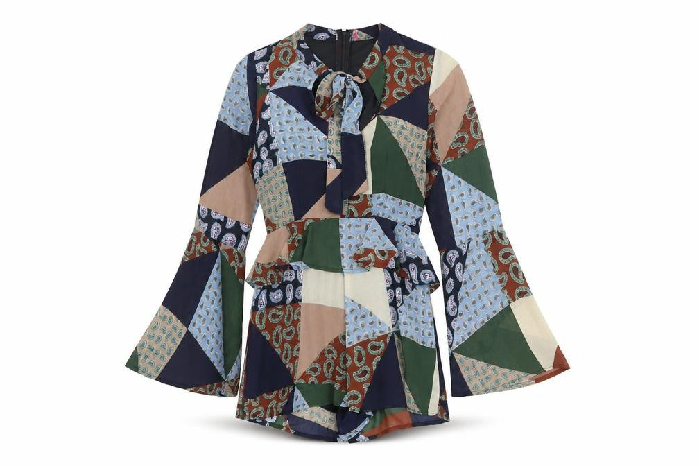 Front view of booho women’s multicoloured geometric polyester romper one-piece, size UK 8 zip - patchwork, tie detail
