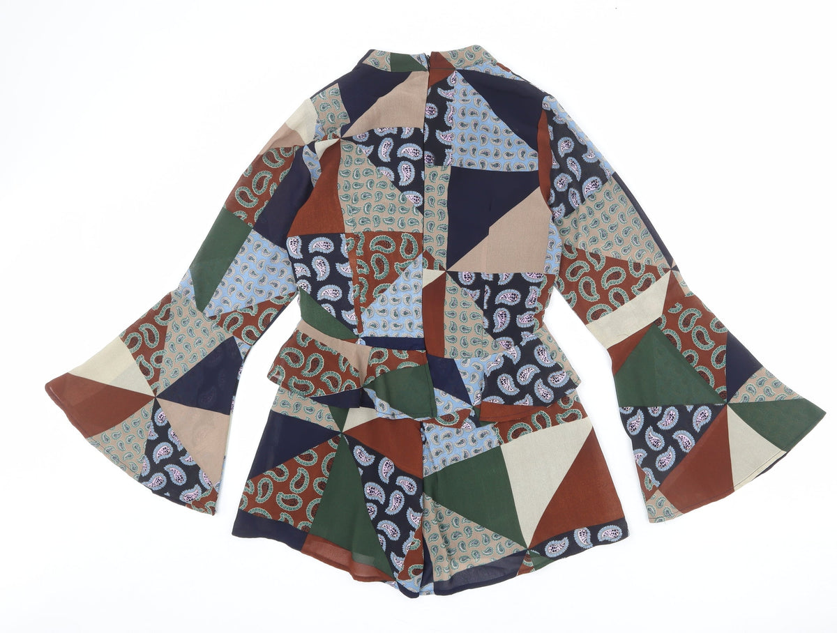 Back view of booho women’s multicoloured geometric polyester romper one-piece, size UK 8 zip - patchwork, tie detail