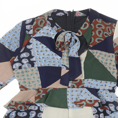 Close-up detail of booho women’s multicoloured geometric polyester romper one-piece, size UK 8 zip - patchwork, tie detail