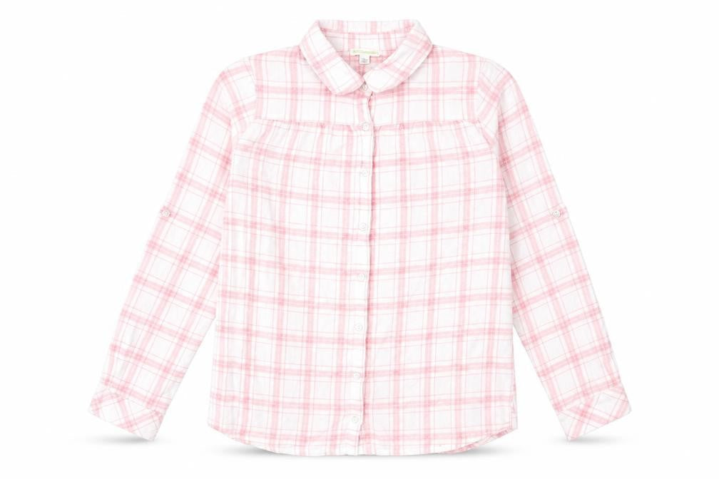 Front view of Vertba girls’ pink plaid cotton basic button-up, size 12, years collared button