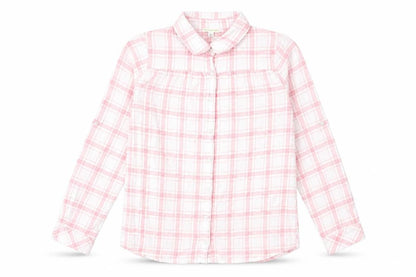 Front view of Vertba girls’ pink plaid cotton basic button-up, size 12, years collared button