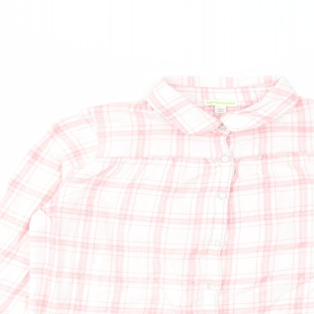 Vertba Girls Pink Plaid Cotton Basic Button-Up Size 12 Years Collared Button