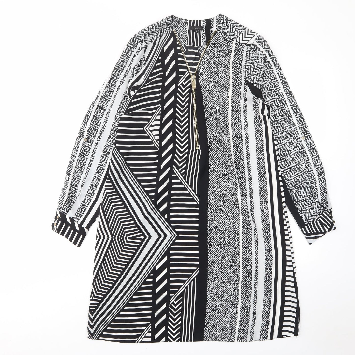 River Island Womens Black Geometric Polyester A-Line Size 10 V-Neck Pullover - Zip