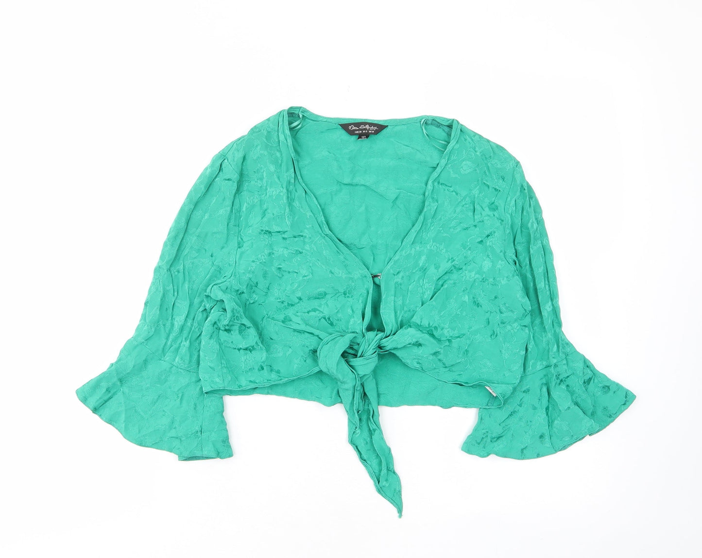 Miss Selfridge Womens Green Floral Viscose Cropped Blouse Size 10 V-Neck - Tie, Frill