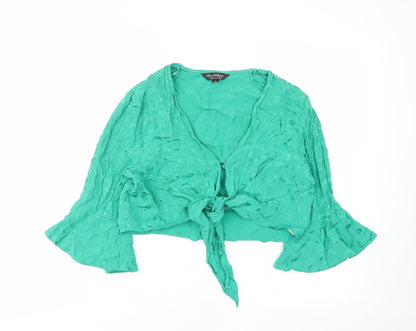 Miss Selfridge Womens Green Floral Viscose Cropped Blouse Size 10 V-Neck - Tie, Frill