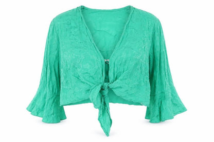 Front view of Miss Selfridge women’s green floral viscose cropped blouse, size UK 10, v-neck - tie, frill