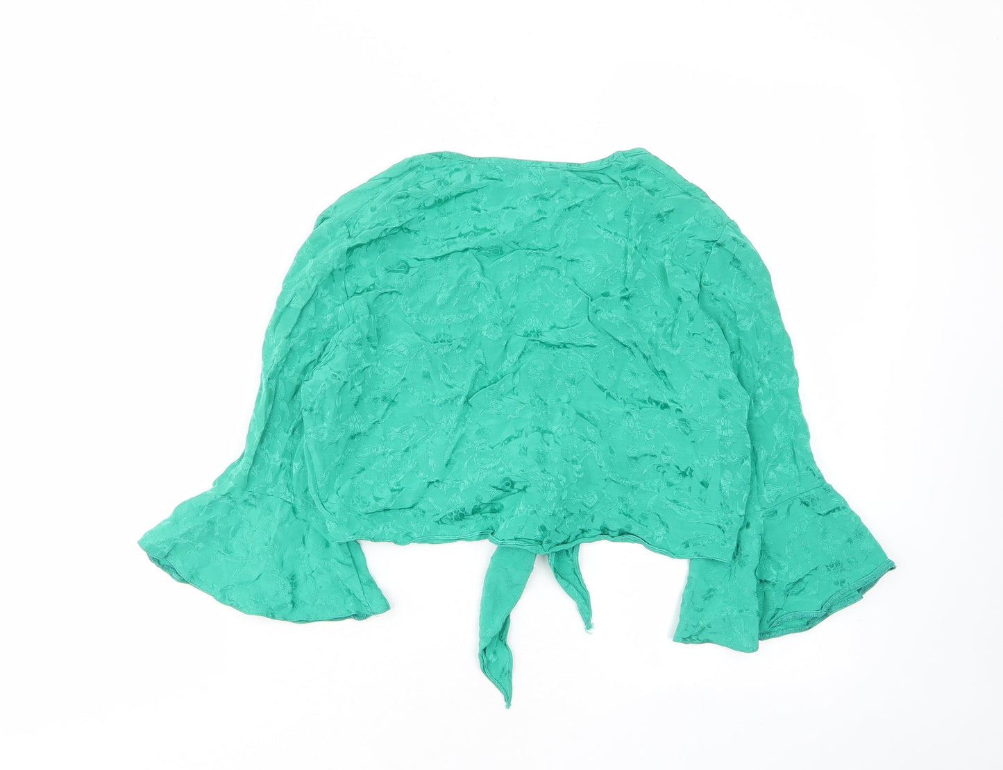 Miss Selfridge Womens Green Floral Viscose Cropped Blouse Size 10 V-Neck - Tie, Frill