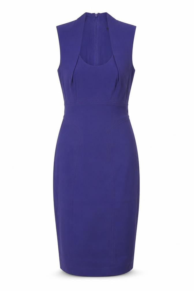 Front view of French Connection women’s purple viscose pencil dress, size UK 8, scoop neck zip - pleated
