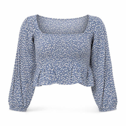 Front view of Pull&Bear girls’ blue floral viscose cropped t-shirt, size S, square neck pullover