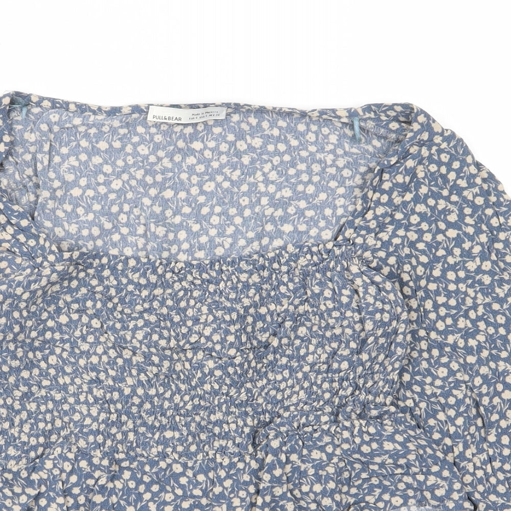 Pull&Bear Girls Blue Floral Viscose Cropped T-Shirt Size S Square Neck Pullover