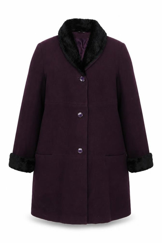 Front view of NuAge women’s purple overcoat coat, size UK 16, button