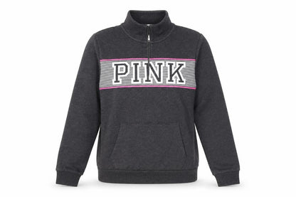 PINK Womens Grey Cotton Pullover Sweatshirt Size L Zip - Logo