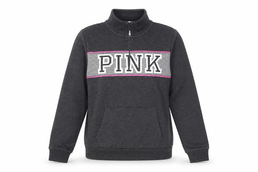PINK Womens Grey Cotton Pullover Sweatshirt Size L Zip - Logo