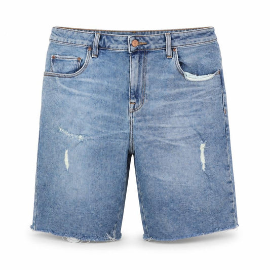Front view of ASOS men’s blue cotton bermuda shorts, size 32, in, 9-inch leg regular zip - distressed look