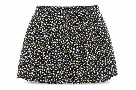Front view of Urban renewal women’s black floral polyester a-line skirt, size S, button