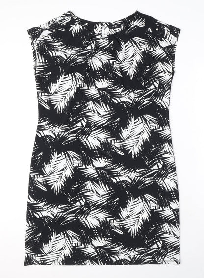 Wallis Womens Black Geometric Polyester A-Line Size M Round Neck Button - Leaf Pattern