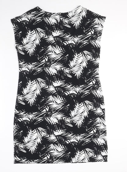 Wallis Womens Black Geometric Polyester A-Line Size M Round Neck Button - Leaf Pattern