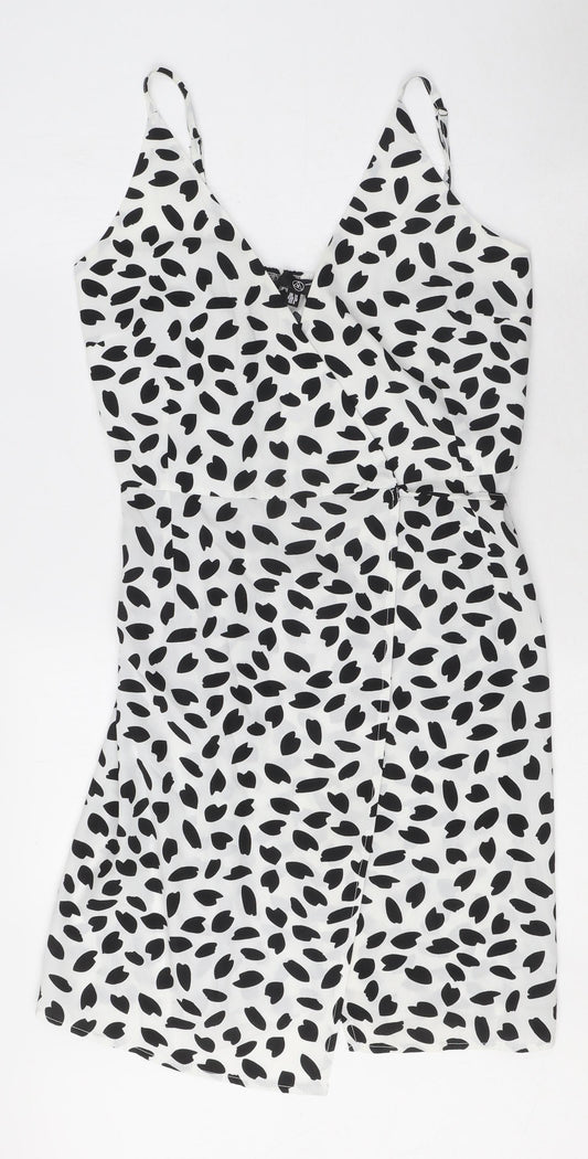 Missguided Womens White Geometric Polyester Wrap Dress Size 10 V-Neck Tie