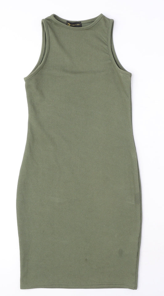 I SAW IT FIRST Womens Green Polyester Mini Size 4 Round Neck Pullover - Ribbed