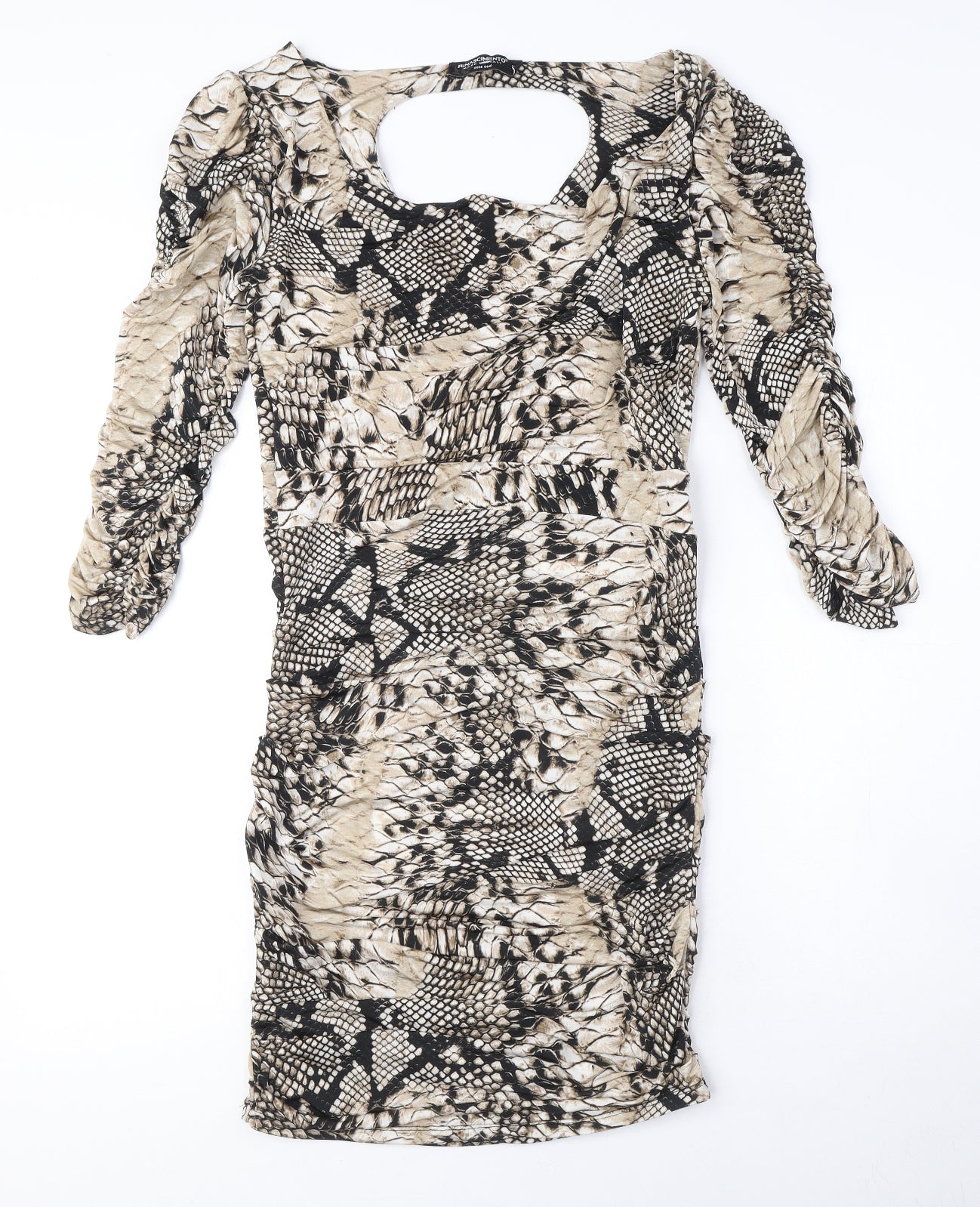 Rinascimento Womens Beige Animal Print Polyester Bodycon Size XL Boat Neck Pullover - Snake Print, Ruched, Cut out detail