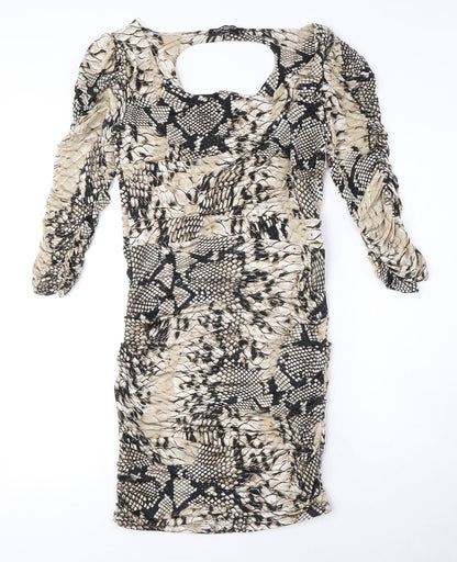 Rinascimento Womens Beige Animal Print Polyester Bodycon Size XL Boat Neck Pullover - Snake Print, Ruched, Cut out detail