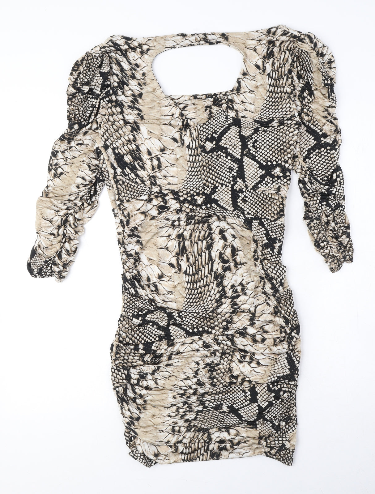 Rinascimento Womens Beige Animal Print Polyester Bodycon Size XL Boat Neck Pullover - Snake Print, Ruched, Cut out detail