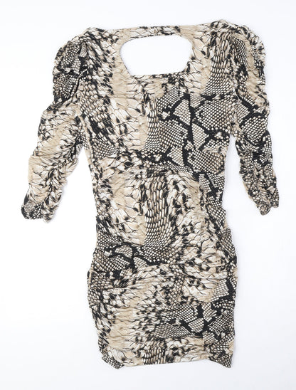 Rinascimento Womens Beige Animal Print Polyester Bodycon Size XL Boat Neck Pullover - Snake Print, Ruched, Cut out detail