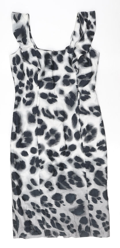 Star by Julien Macdonald Womens Grey Animal Print Cotton A-Line Size 10 Square Neck Zip - Leopard print, Ruffled Sleeve Detail