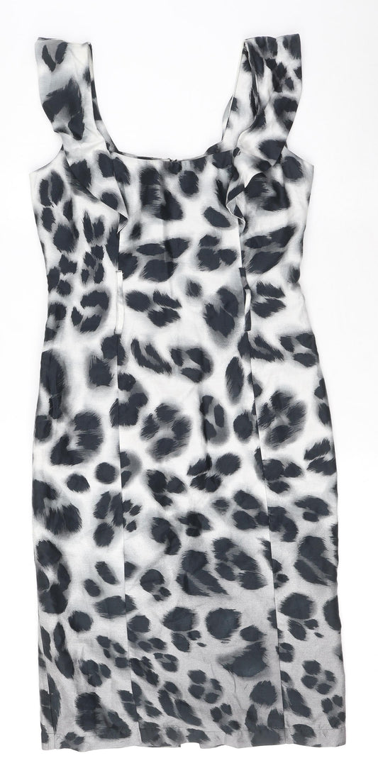 Star by Julien Macdonald Womens Grey Animal Print Cotton A-Line Size 10 Square Neck Zip - Leopard print, Ruffled Sleeve Detail