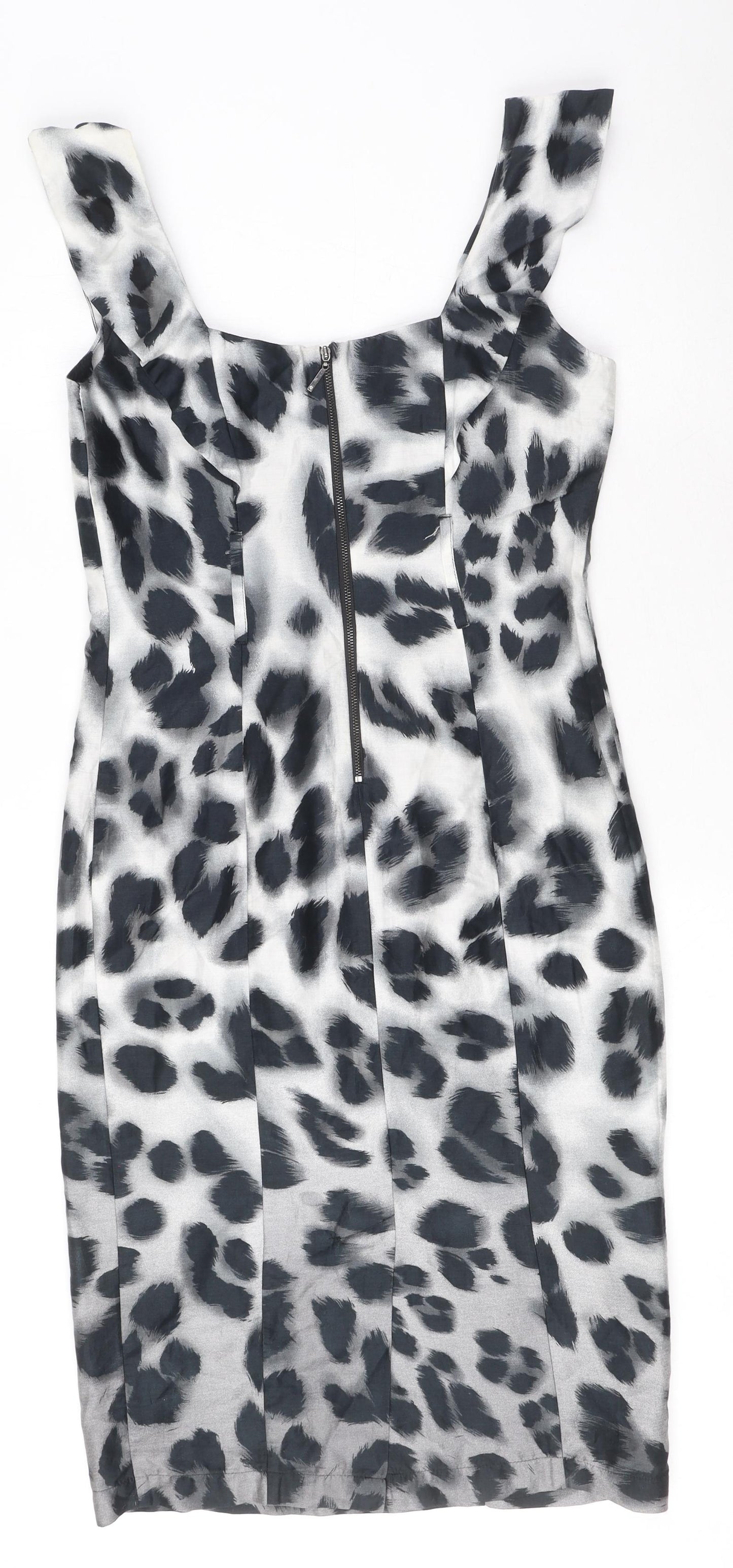 Star by Julien Macdonald Womens Grey Animal Print Cotton A-Line Size 10 Square Neck Zip - Leopard print, Ruffled Sleeve Detail