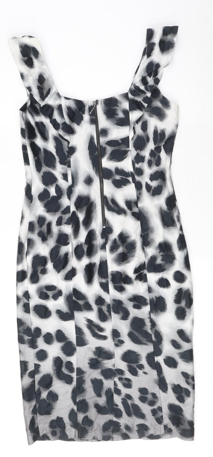Star by Julien Macdonald Womens Grey Animal Print Cotton A-Line Size 10 Square Neck Zip - Leopard print, Ruffled Sleeve Detail