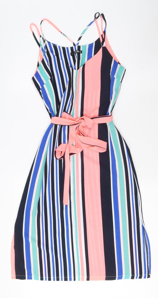 Quiz Womens Multicoloured Striped Polyester A-Line Size 8 V-Neck Pullover - Belted