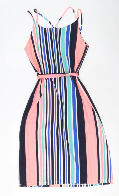 Quiz Womens Multicoloured Striped Polyester A-Line Size 8 V-Neck Pullover - Belted