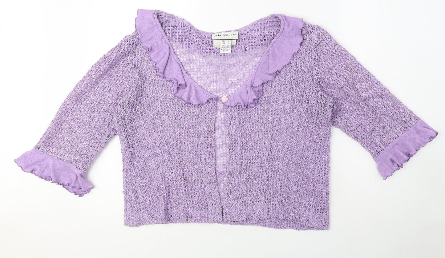 Lori Weidner Womens Purple Scoop Neck Polyester Cardigan Jumper Size 12 - Frill Detail, Sheer