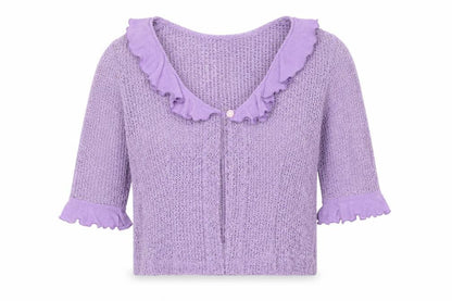 Lori Weidner Womens Purple Scoop Neck Polyester Cardigan Jumper Size 12 - Frill Detail, Sheer