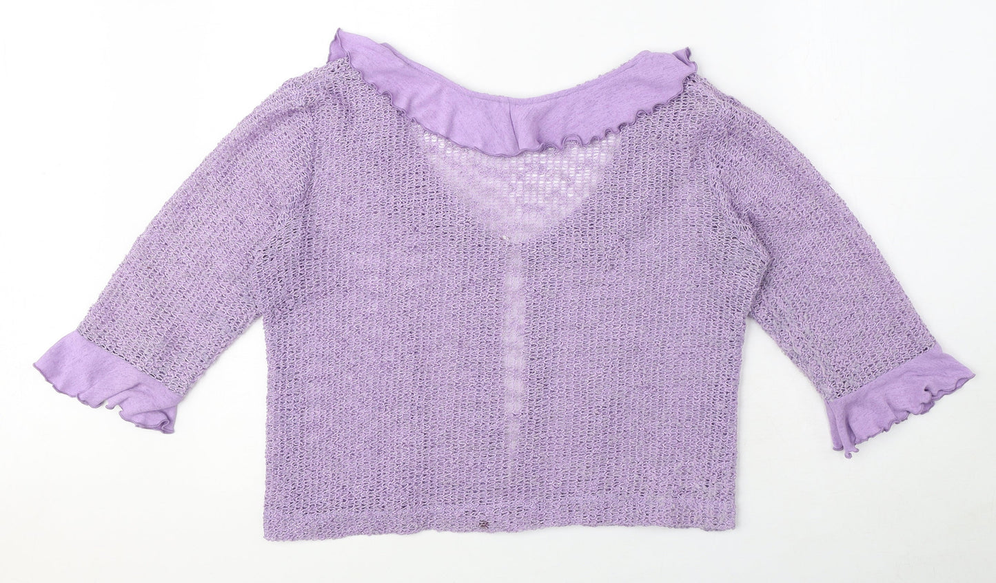 Lori Weidner Womens Purple Scoop Neck Polyester Cardigan Jumper Size 12 - Frill Detail, Sheer