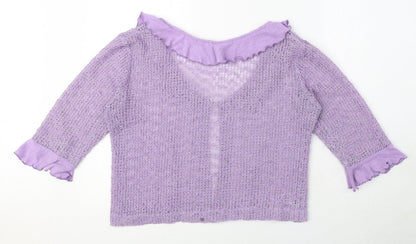 Lori Weidner Womens Purple Scoop Neck Polyester Cardigan Jumper Size 12 - Frill Detail, Sheer