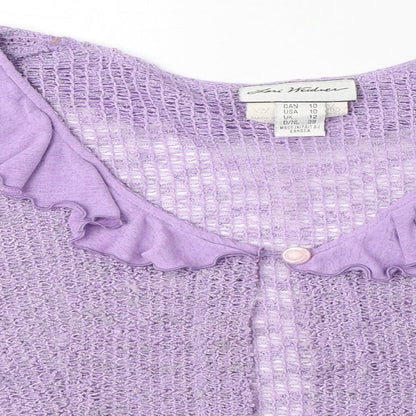 Lori Weidner Womens Purple Scoop Neck Polyester Cardigan Jumper Size 12 - Frill Detail, Sheer