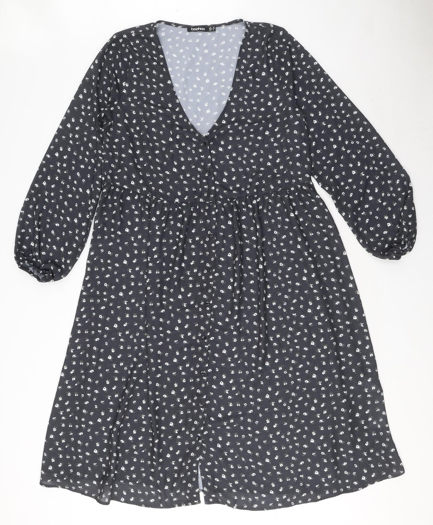 Boohoo Womens Grey Floral Polyester A-Line Size 12 V-Neck Button