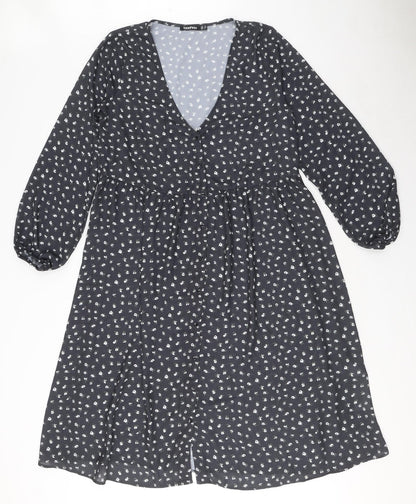 Boohoo Womens Grey Floral Polyester A-Line Size 12 V-Neck Button