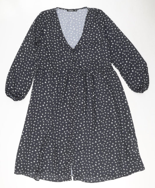 Boohoo Womens Grey Floral Polyester A-Line Size 12 V-Neck Button