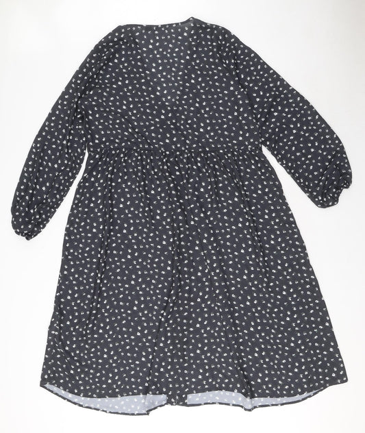 Boohoo Womens Grey Floral Polyester A-Line Size 12 V-Neck Button