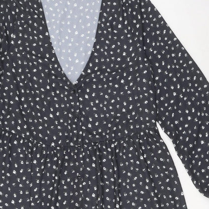 Boohoo Womens Grey Floral Polyester A-Line Size 12 V-Neck Button