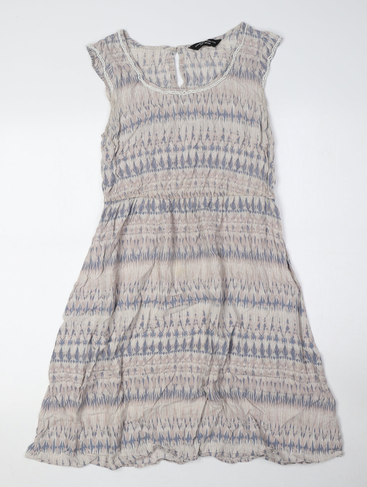 Dorothy Perkins Womens Beige Geometric Viscose A-Line Size 10 Round Neck Button - Embellished Detail