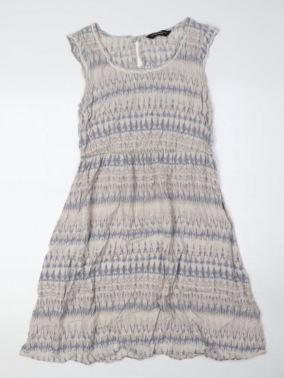 Dorothy Perkins Womens Beige Geometric Viscose A-Line Size 10 Round Neck Button - Embellished Detail