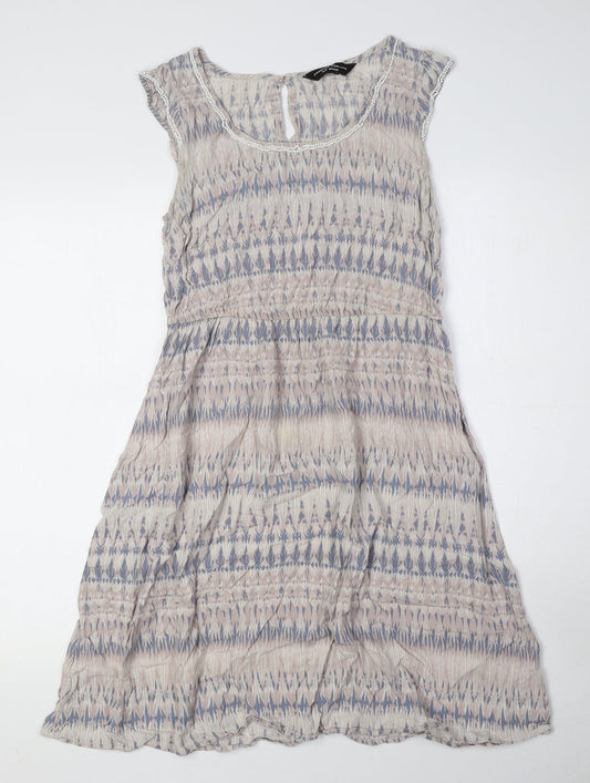 Dorothy Perkins Womens Beige Geometric Viscose A-Line Size 10 Round Neck Button - Embellished Detail