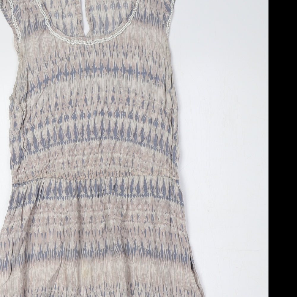 Dorothy Perkins Womens Beige Geometric Viscose A-Line Size 10 Round Neck Button - Embellished Detail