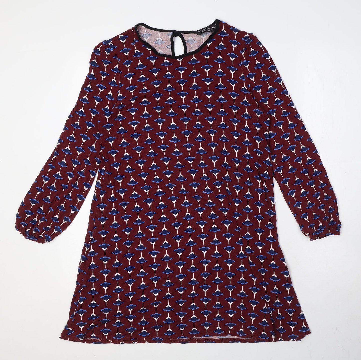 Dorothy Perkins Womens Red Floral Viscose A-Line Size 12 Round Neck Button